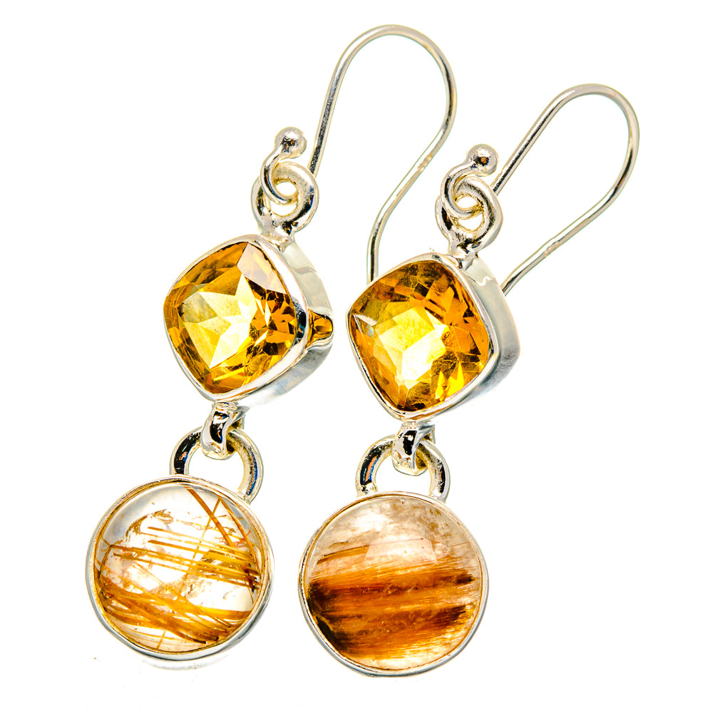 Sterling silver drop earrings with oval citrine and round rutilated quartz discs