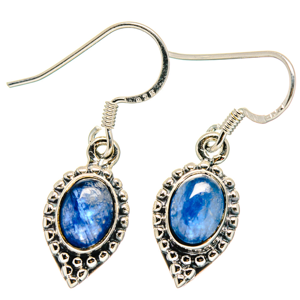 925 sterling silver kyanite drop earrings with blue oval cabochon in ornate teardrop bezel