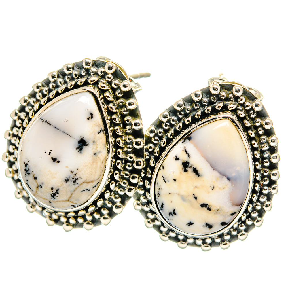 Dendritic opal stud earrings, oval teardrop stones in silver beaded bezel