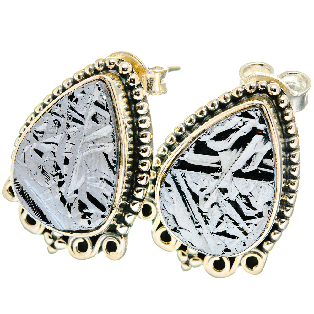 Teardrop shungite earrings with rough black and silver stones, ornate 925 sterling settings