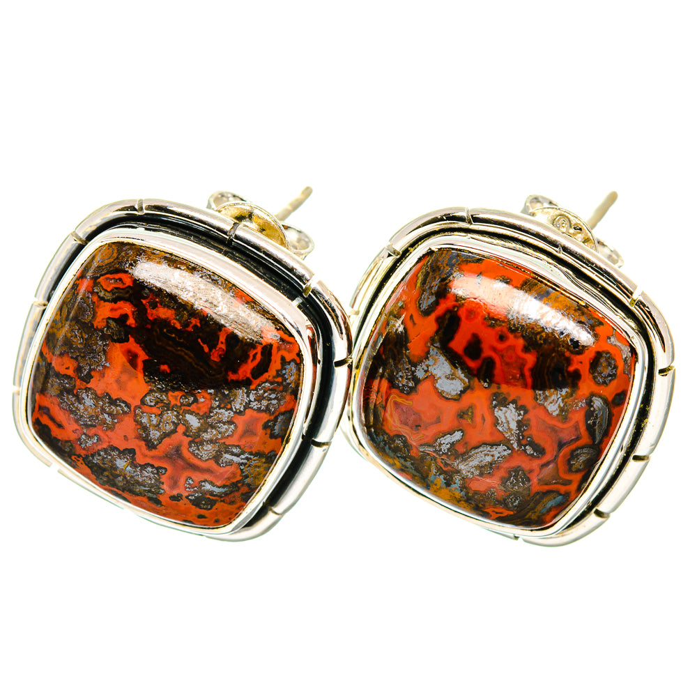 Moroccan agate stud earrings, oval orange-and-black marbled cabochons in silver frames