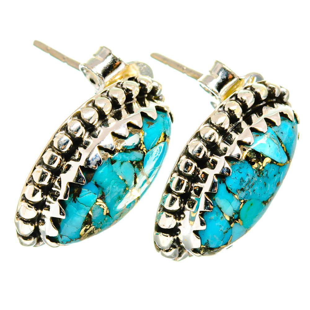 Oval turquoise stud earrings, 925 sterling silver with beaded edge and post backs
