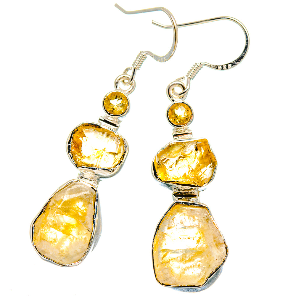 Sterling silver citrine rough drop earrings with two-tier amber-yellow stones, hooks