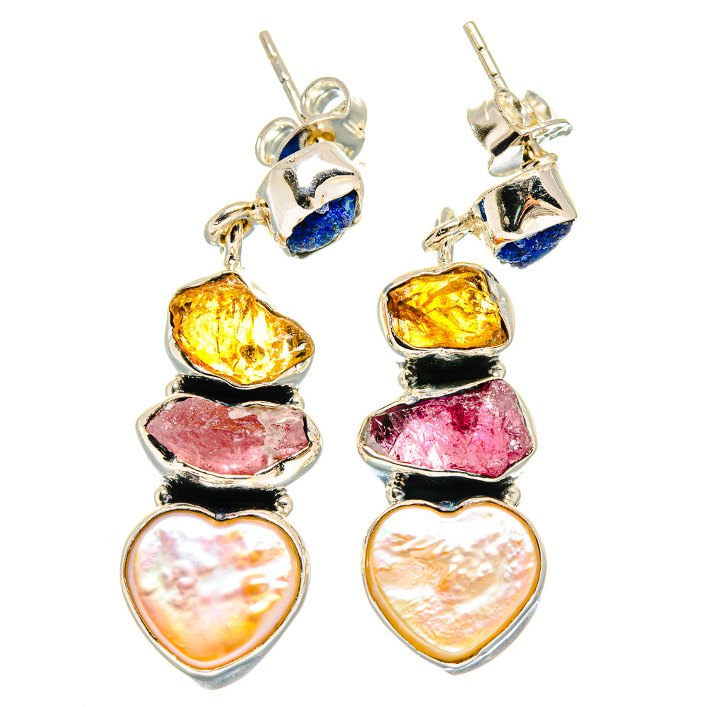 925 sterling silver gemstone drop earrings with blue, orange, pink, and pearly heart drops