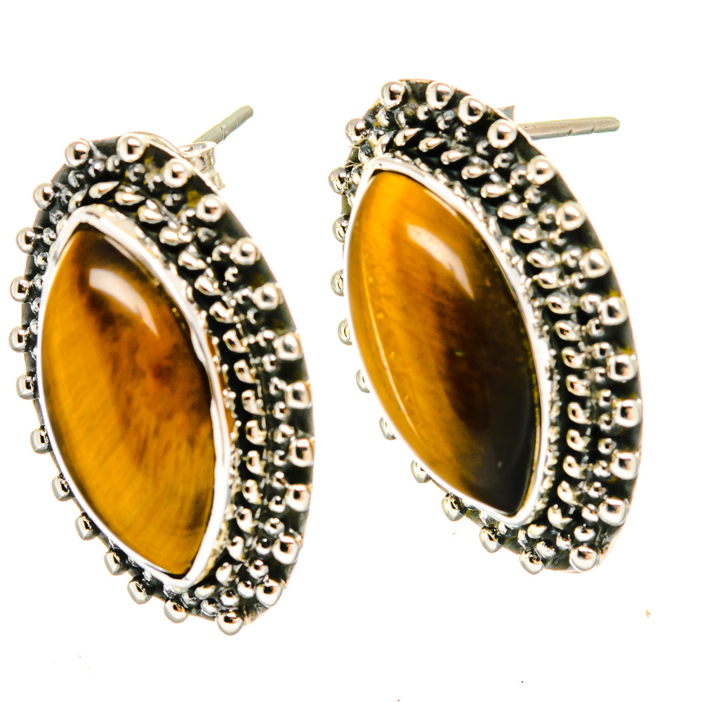 925 sterling silver tiger eye earrings, oval cabochon with textured bezel