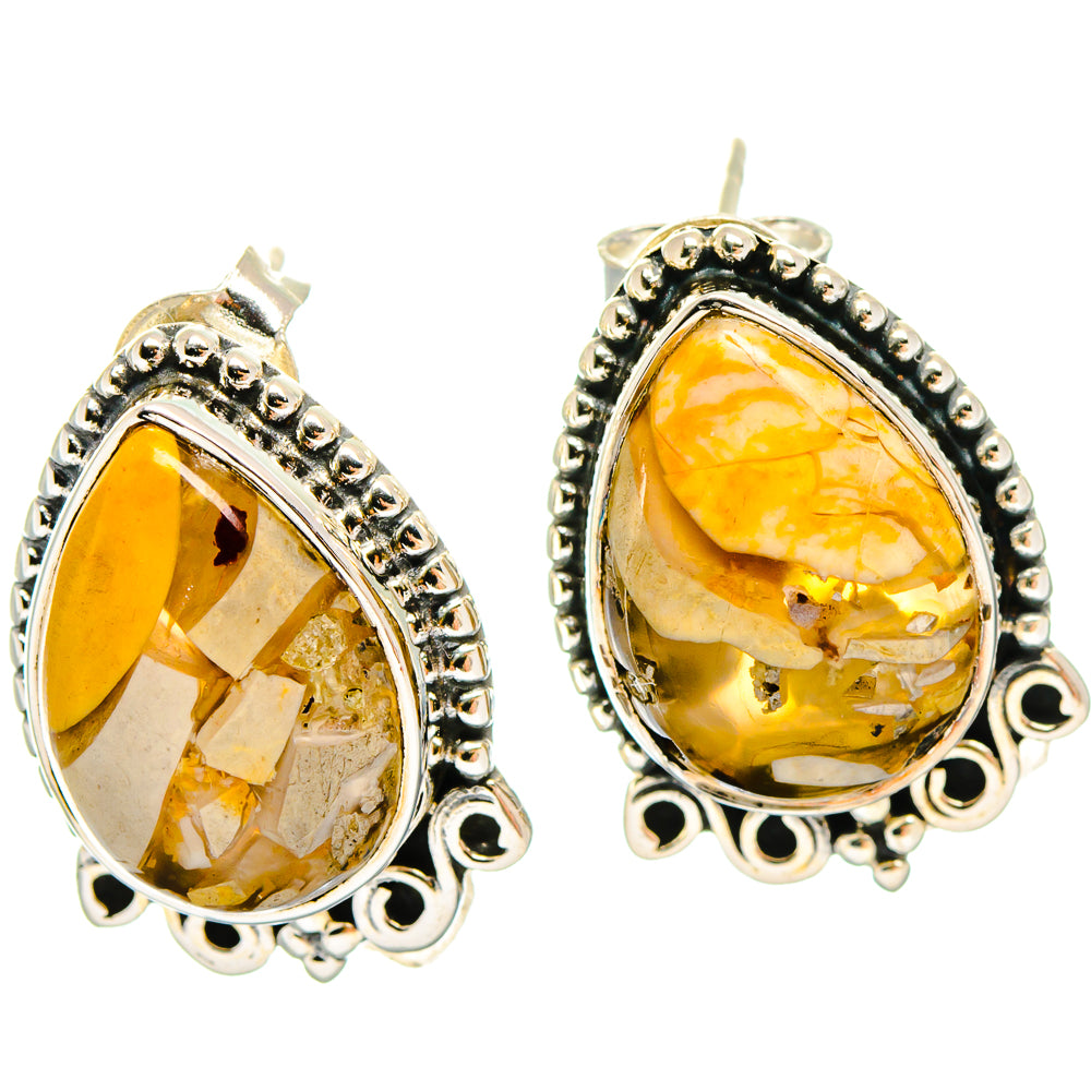 Pair of teardrop mookaite earrings, yellow marbled stone in ornate 925 silver setting