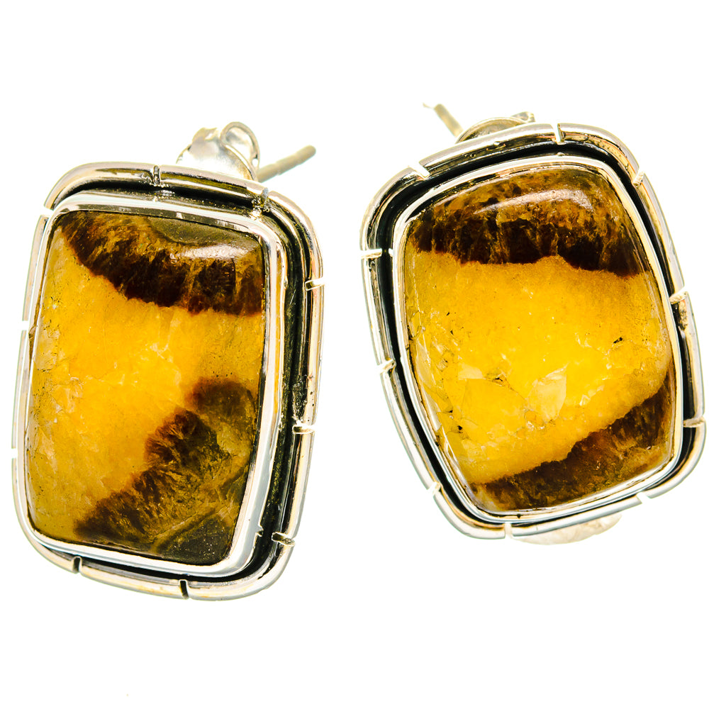Septarian nodule earrings in square 925 silver bezel with bright yellow center and brown veins