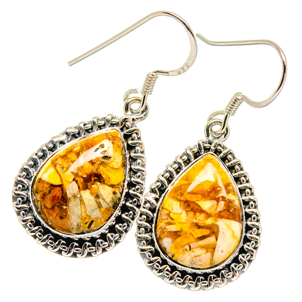 Pair of teardrop mookaite earrings, yellow-orange stone in silver bezel with hook backs