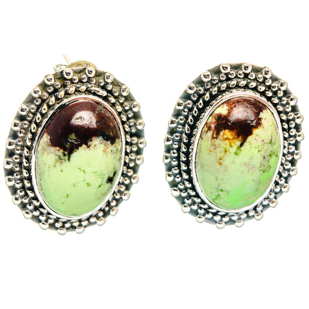 Oval chrysoprase earrings in 925 sterling silver, textured beaded frame, pair view