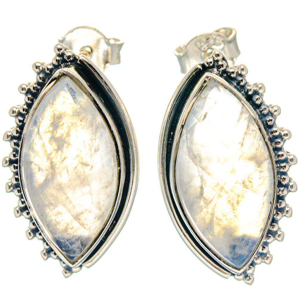Teardrop moonstone earrings, 925 sterling silver bezel with beaded edge, white glow stones
