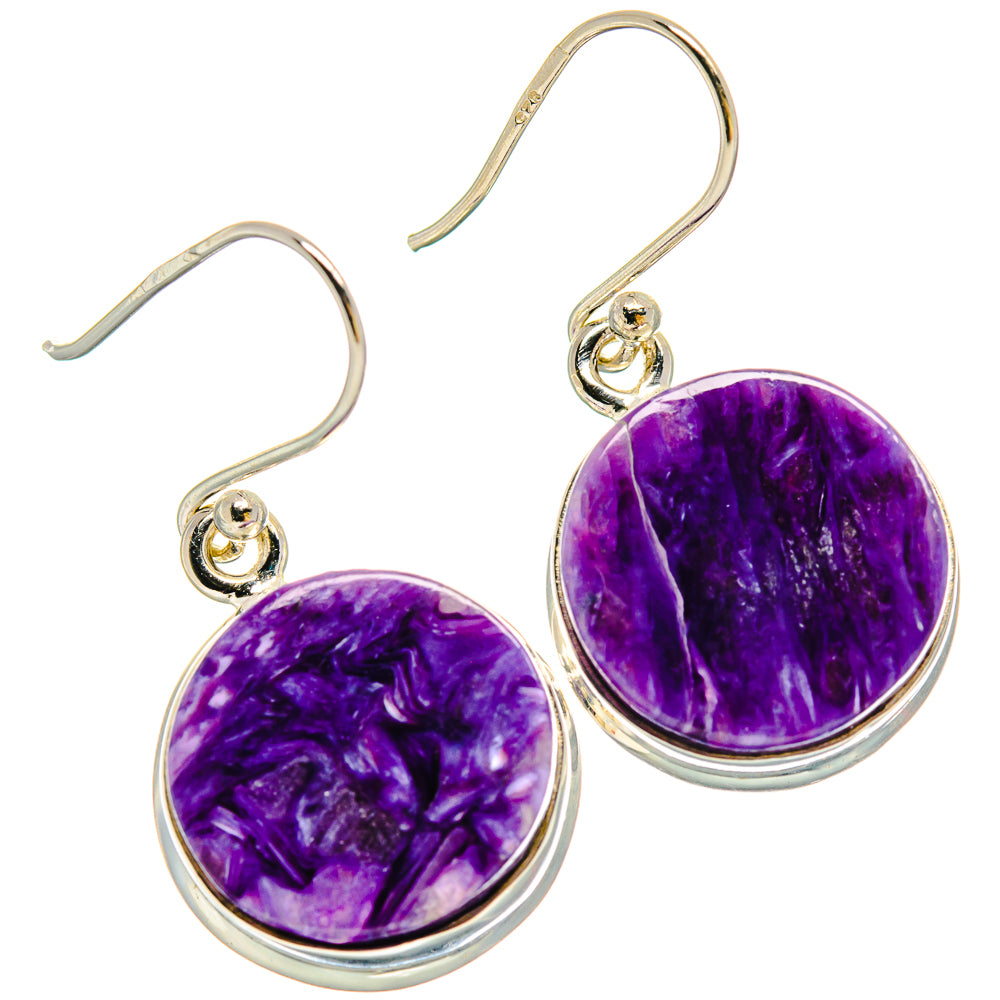 925 sterling silver charoite drop earrings, round purple cabochon with hook backs