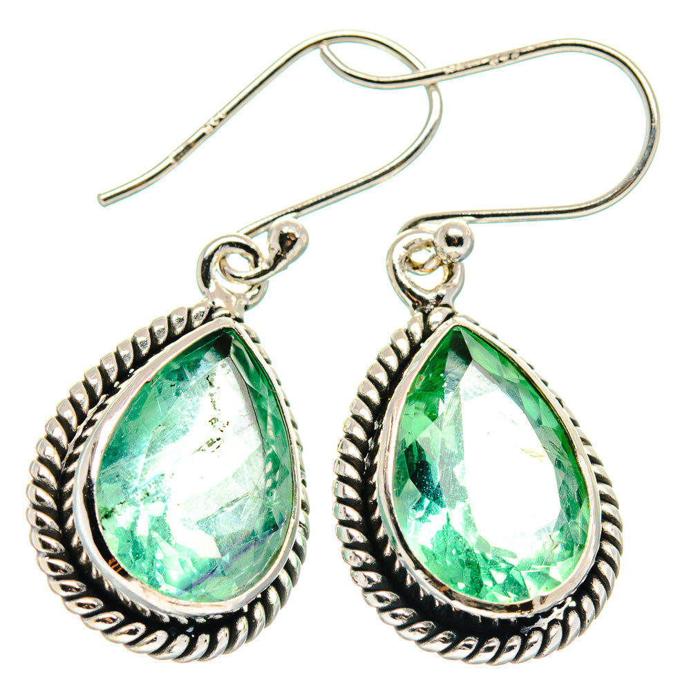 Green fluorite teardrop earrings, 925 sterling silver hooks and rope border