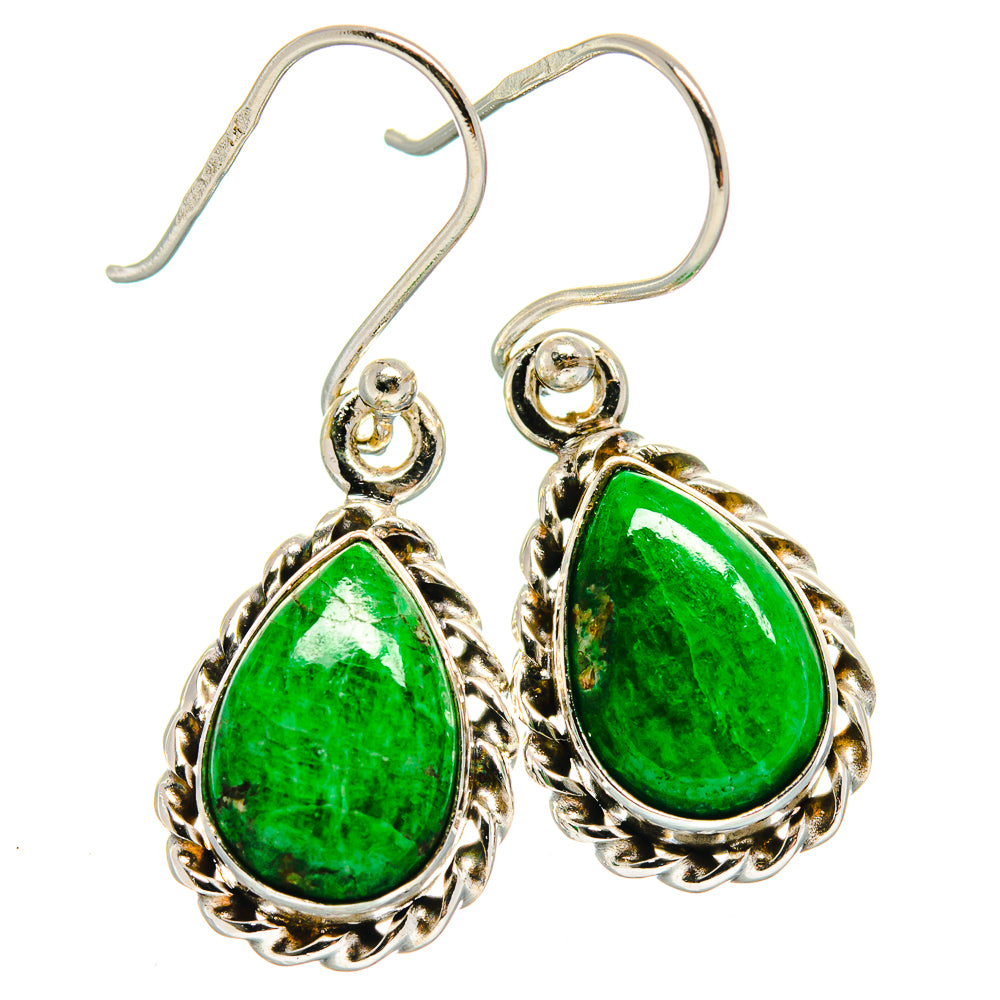 Green teardrop stone drop earrings in 925 sterling silver with scalloped bezel and hooks