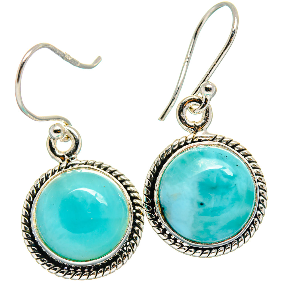 Sterling silver larimar drop earrings with round turquoise cabochon and fishhook backs