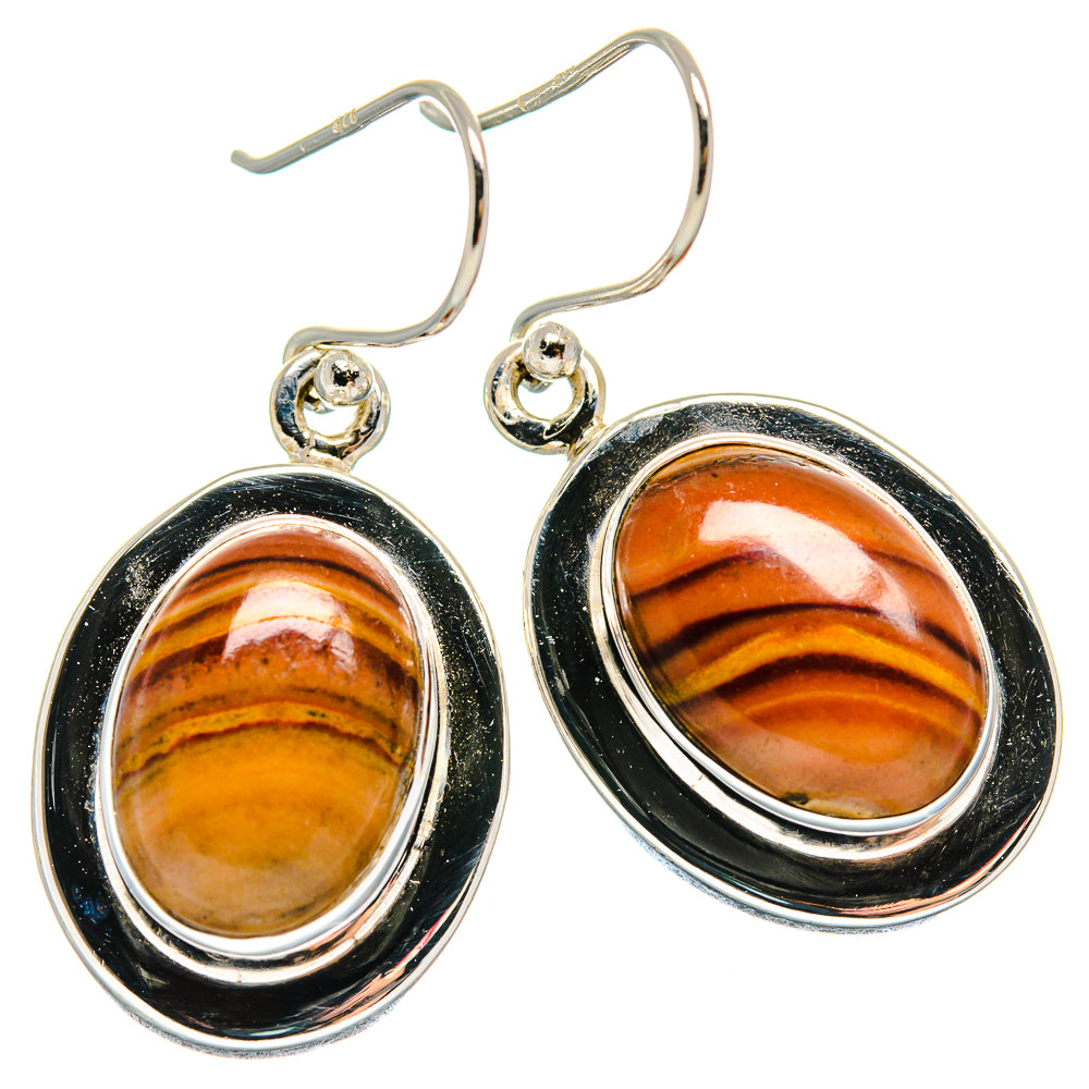 925 sterling silver picture jasper drop earrings, oval orange-brown stone in black bezel