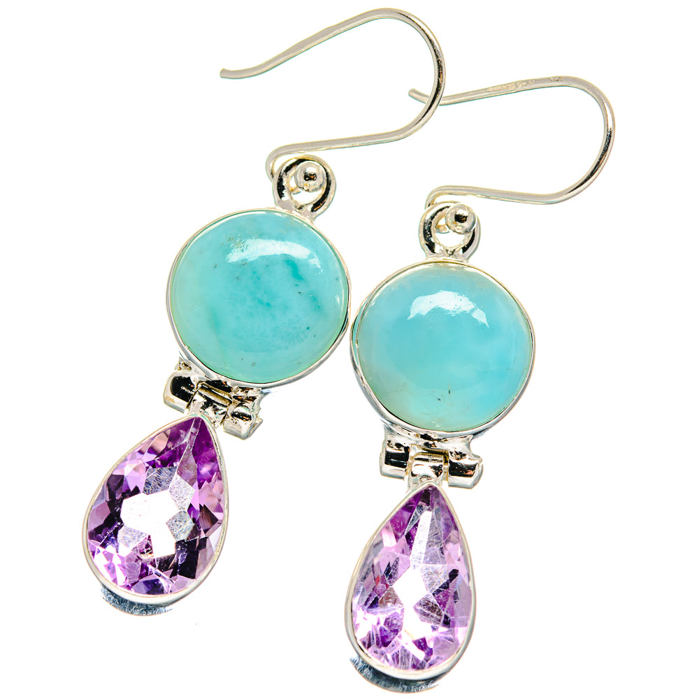 Turquoise larimar and amethyst drop earrings in sterling silver, with lever hooks