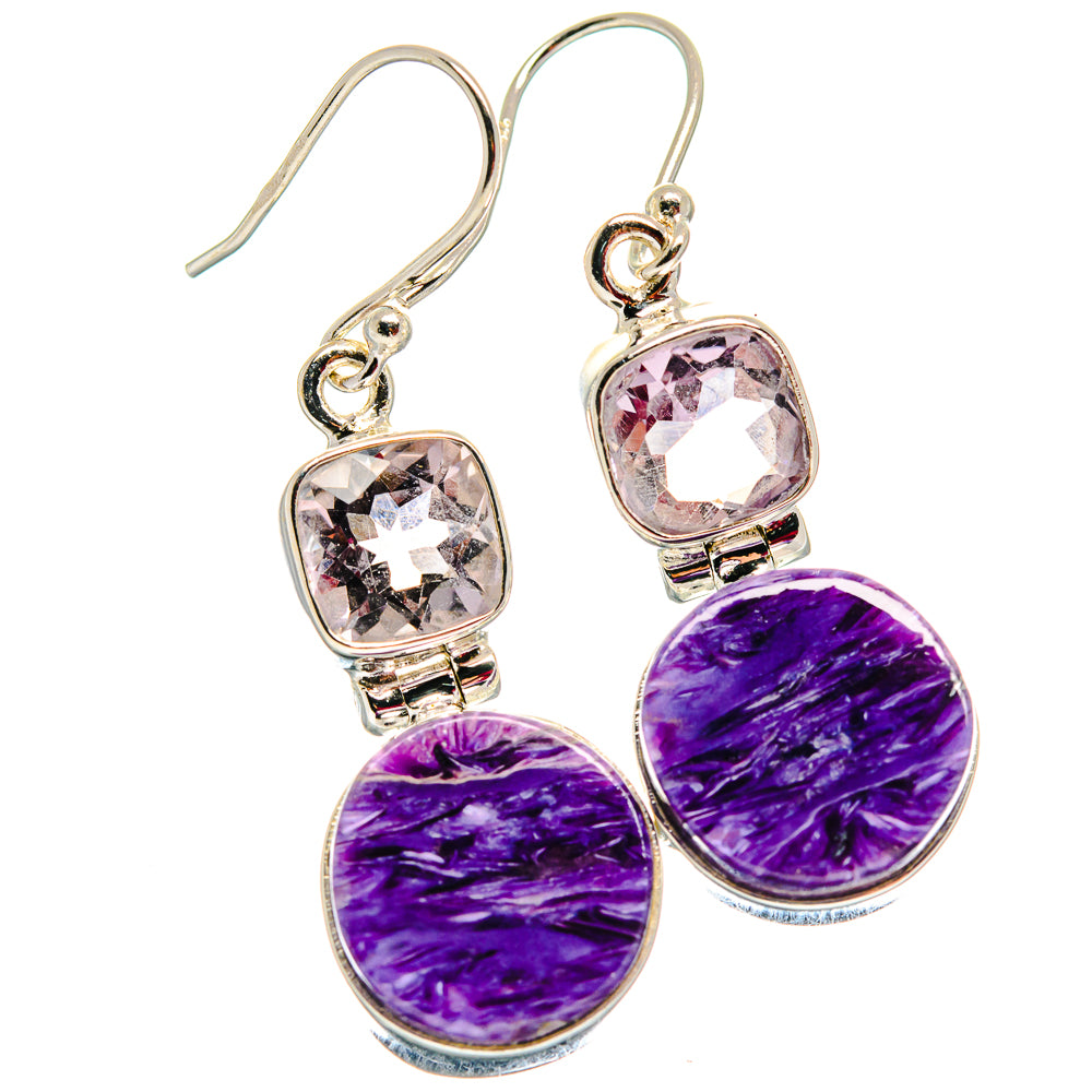 Sterling silver drop earrings with pink faceted stones above purple charoite ovals