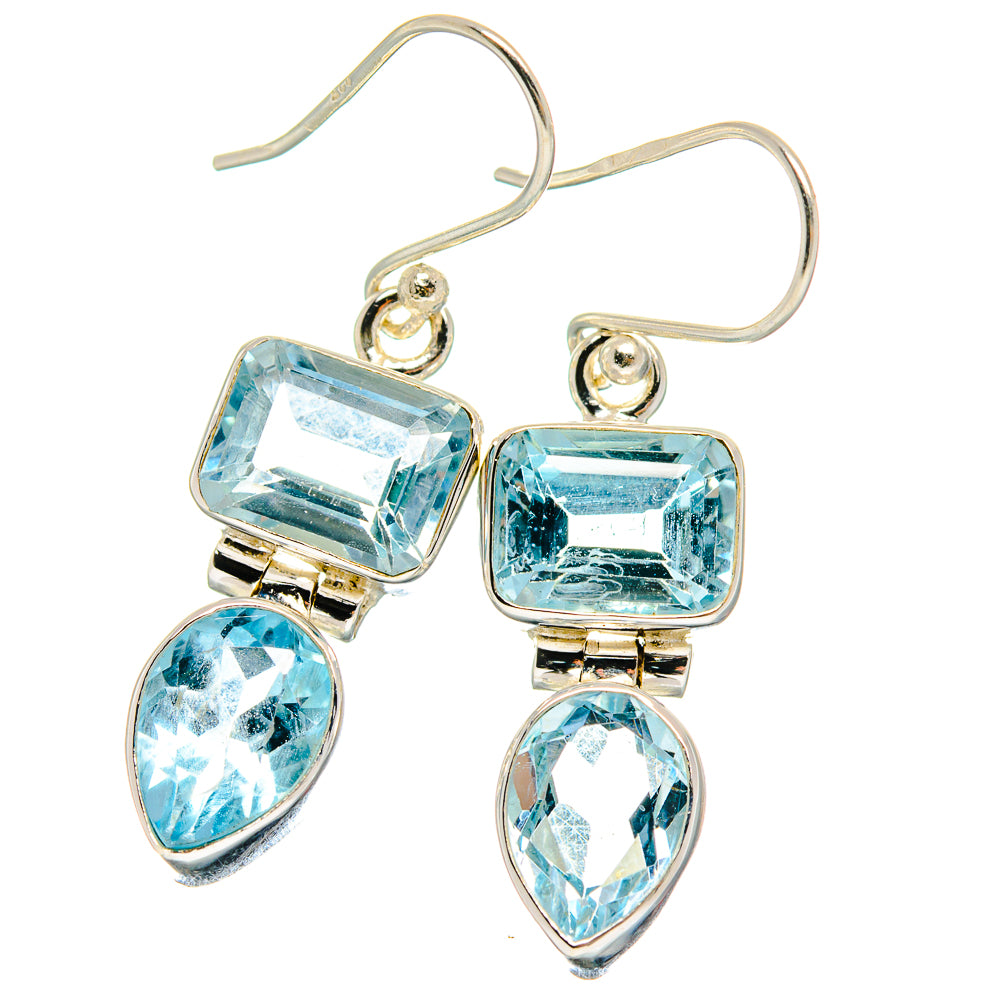 925 sterling silver blue topaz drop earrings, square and pear stones on hook
