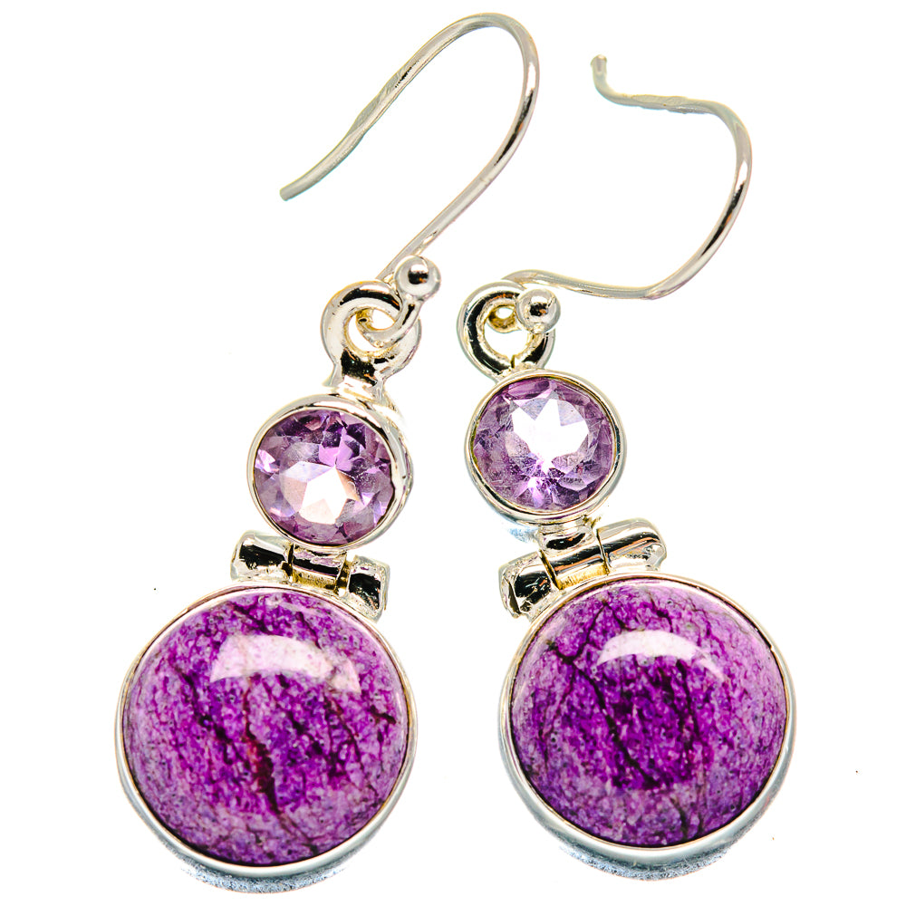 Amethyst drop earrings with purple round stones and silver hook, dangling