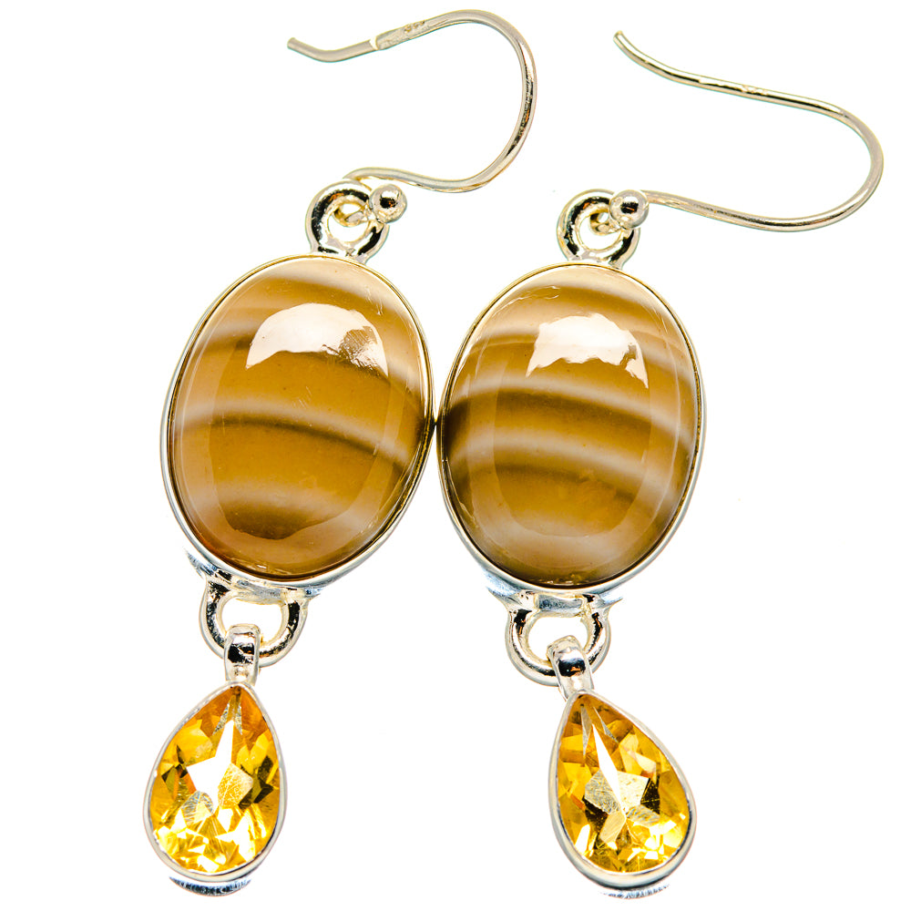 Amber oval jasper and yellow teardrop citrine earrings in 925 sterling silver hoops