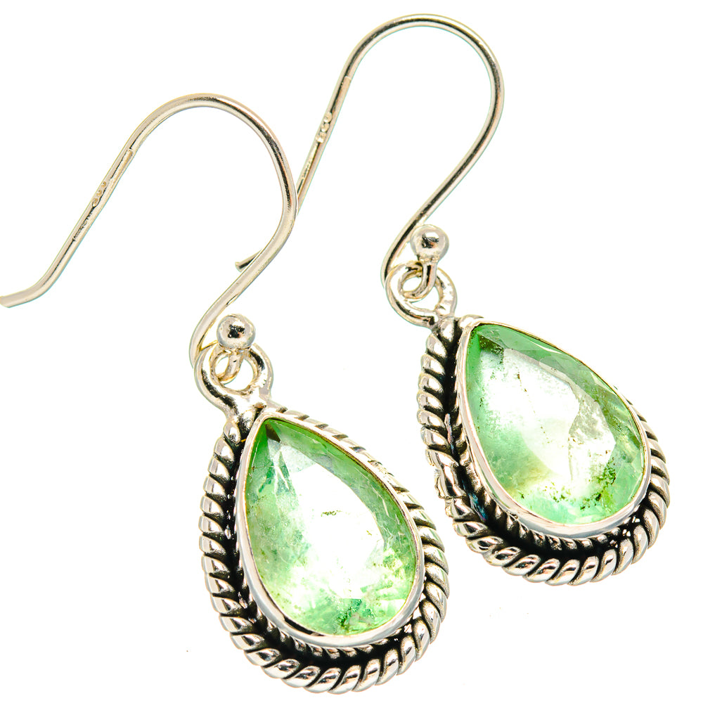 Silver teardrop fluorite earrings with bright green stones in braided bezel on hooks