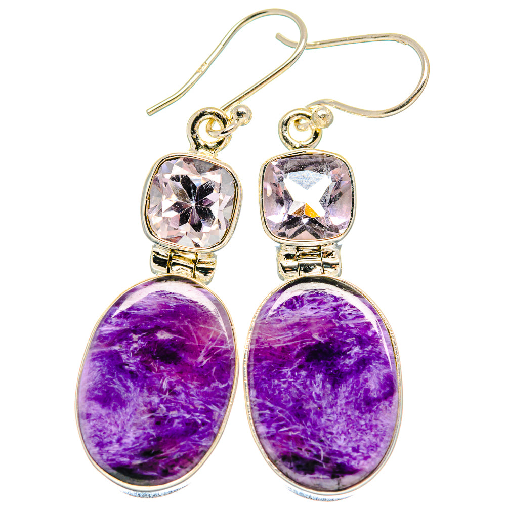 Sterling silver drop earrings: purple oval cabochons with pink crystal-like top stones