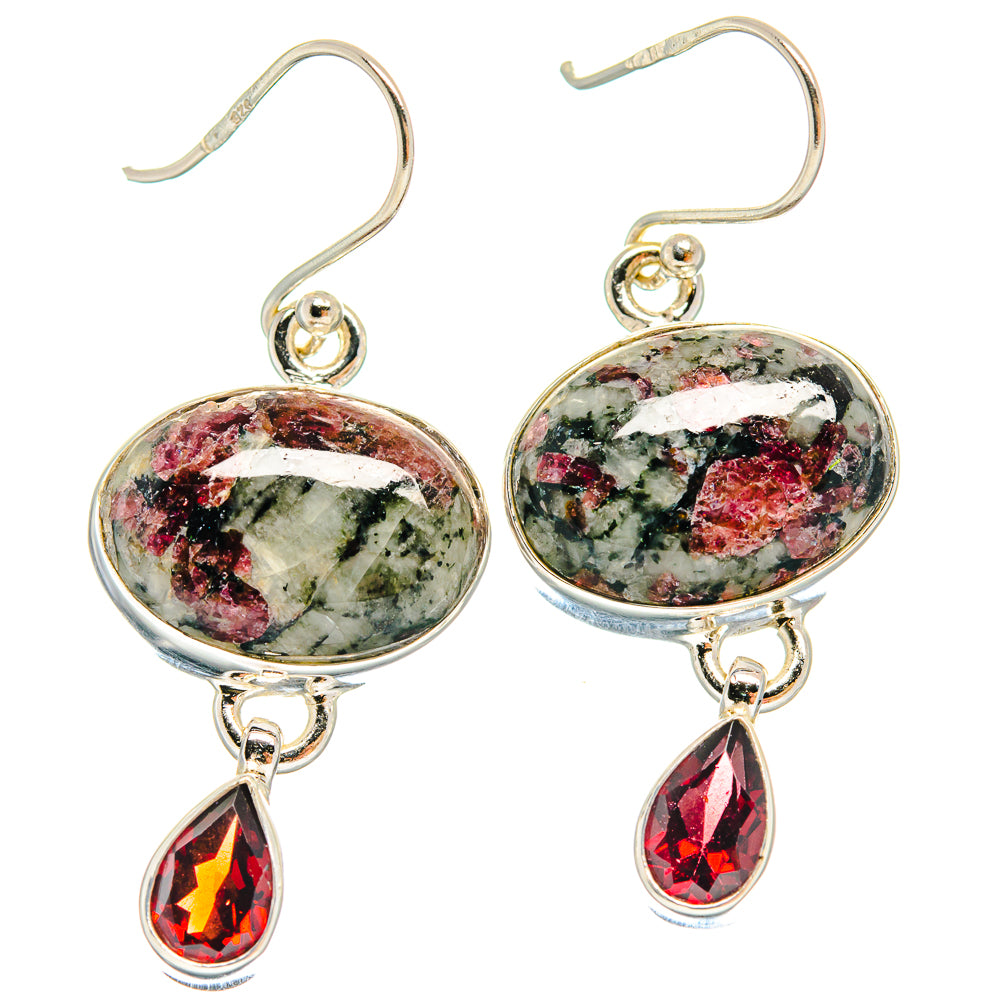 925 sterling silver earrings with oval Russian eudialyte and red garnet teardrop dangles
