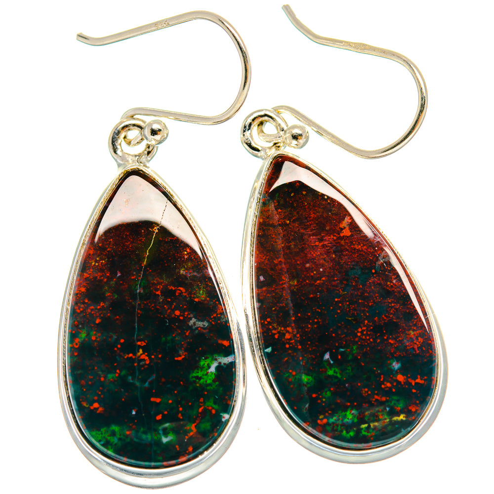 925 sterling silver teardrop bloodstone earrings with red speckles and dark green base