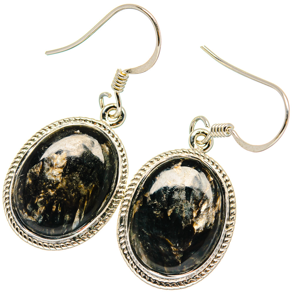 Oval black-green seraphinite drop earrings with gold veining, sterling silver hooks
