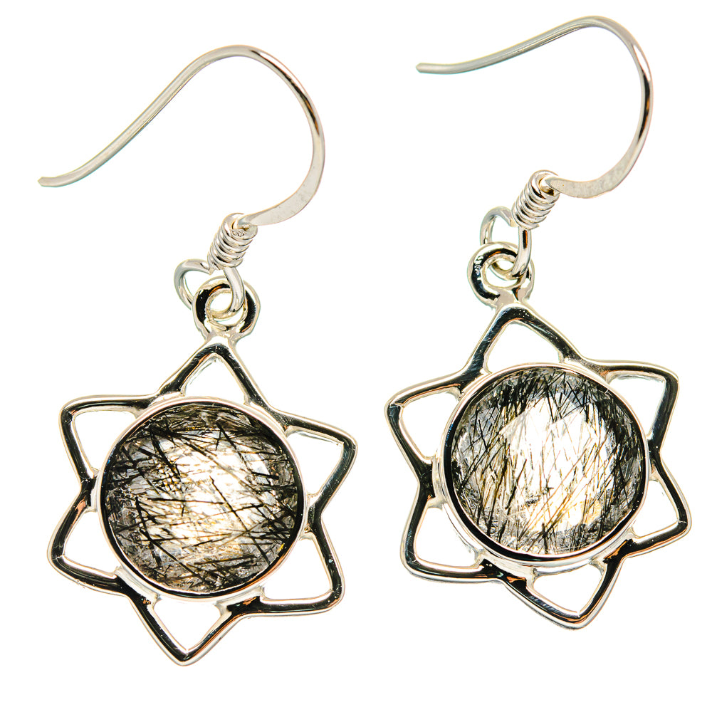 Sterling silver pair of star-shaped drop earrings with black tourmalinated quartz