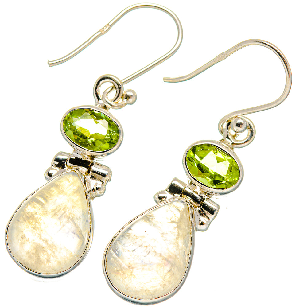 Sterling silver earrings with green peridot ovals and iridescent moonstone teardrops