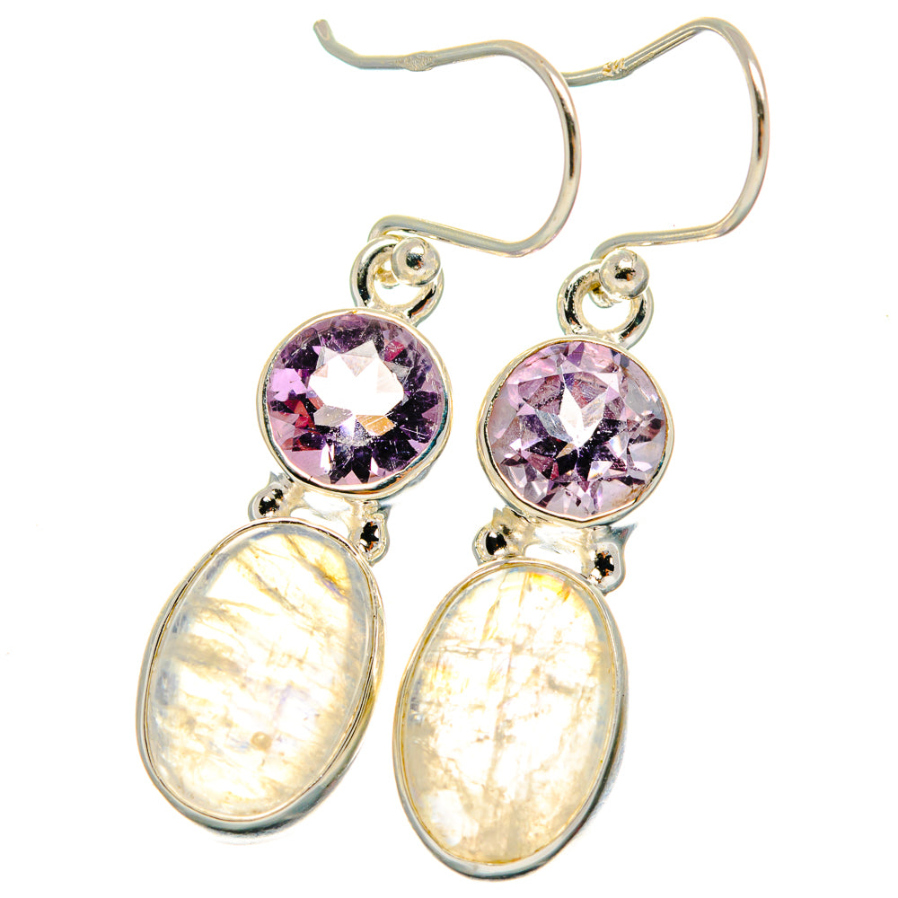Amethyst and moonstone drop earrings in 925 sterling silver, purple round stones and iridescent drops