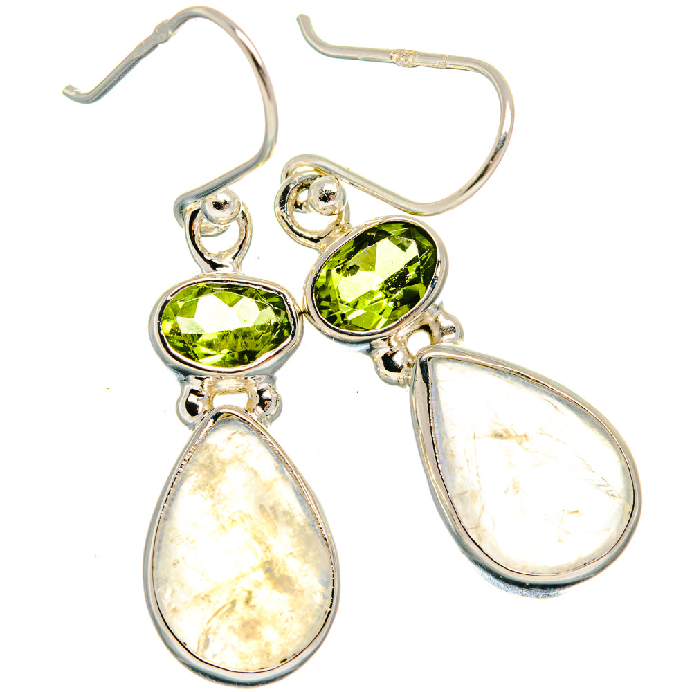 925 sterling silver drop earrings with green peridot centers and white iridescent moonstone drops