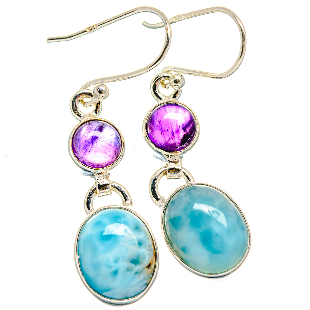 Sterling silver larimar and amethyst drop earrings, purple round tops and blue oval bottoms