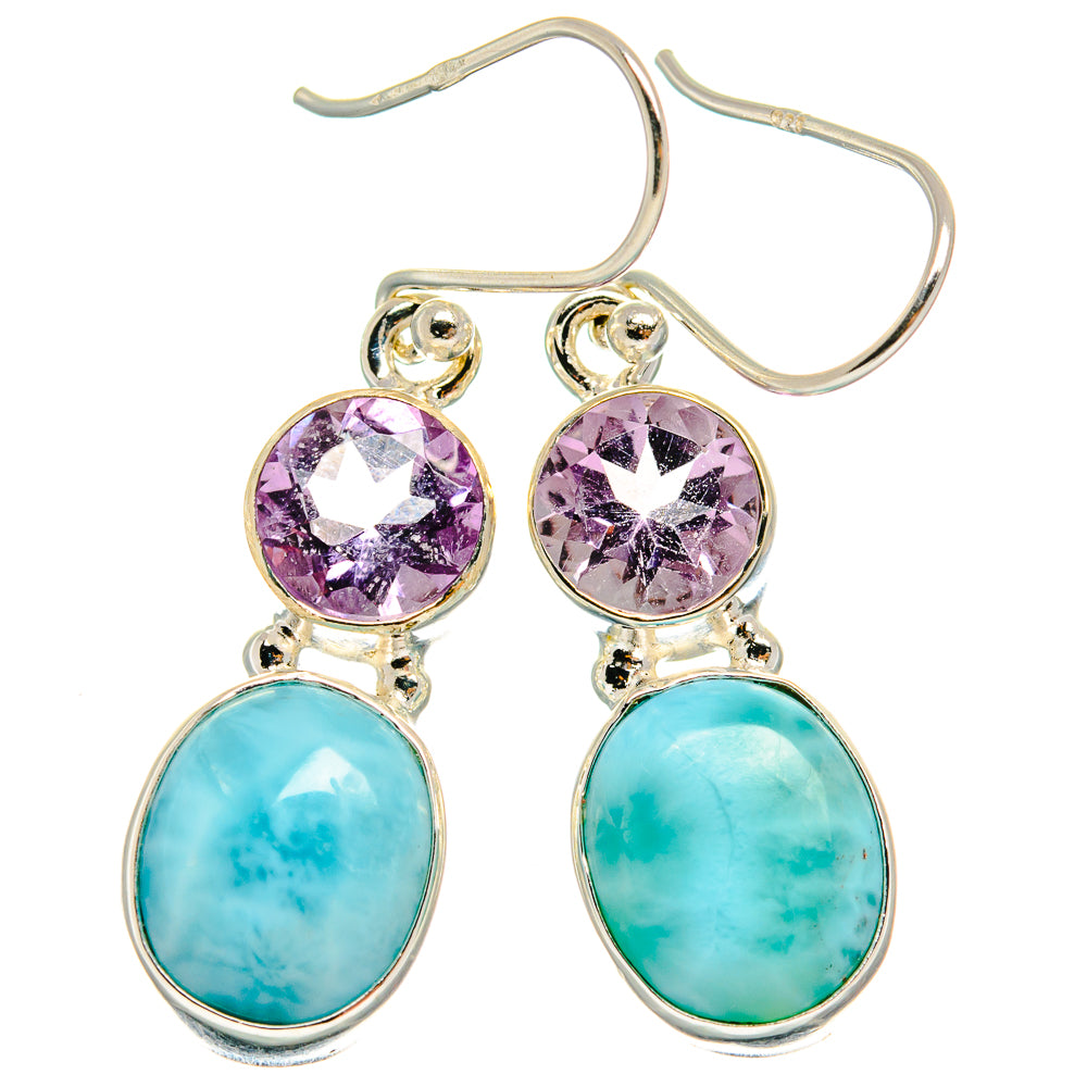 Sterling silver hook earrings with round amethyst and oval larimar stones, dangling drop