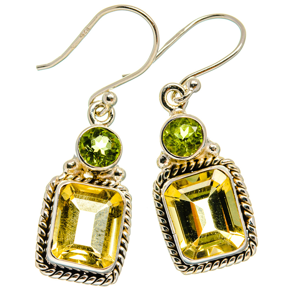 Silver drop earrings with green peridot and yellow citrine faceted stones
