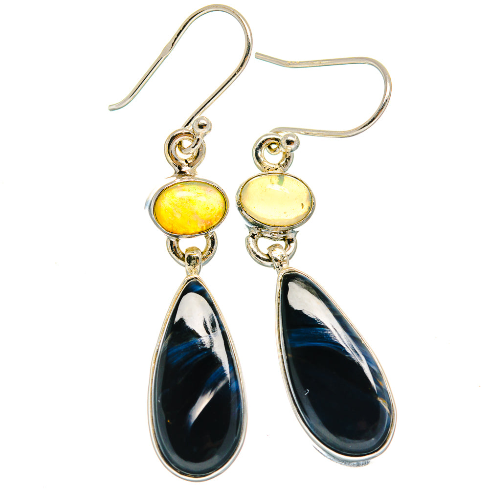 Sterling silver dangle earrings with yellow opal-look tops and dark teardrops