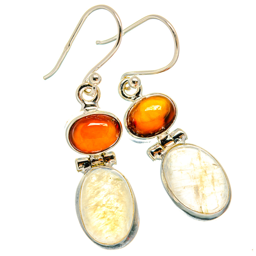925 sterling silver dangle earrings with orange round stones and white teardrop moonstones
