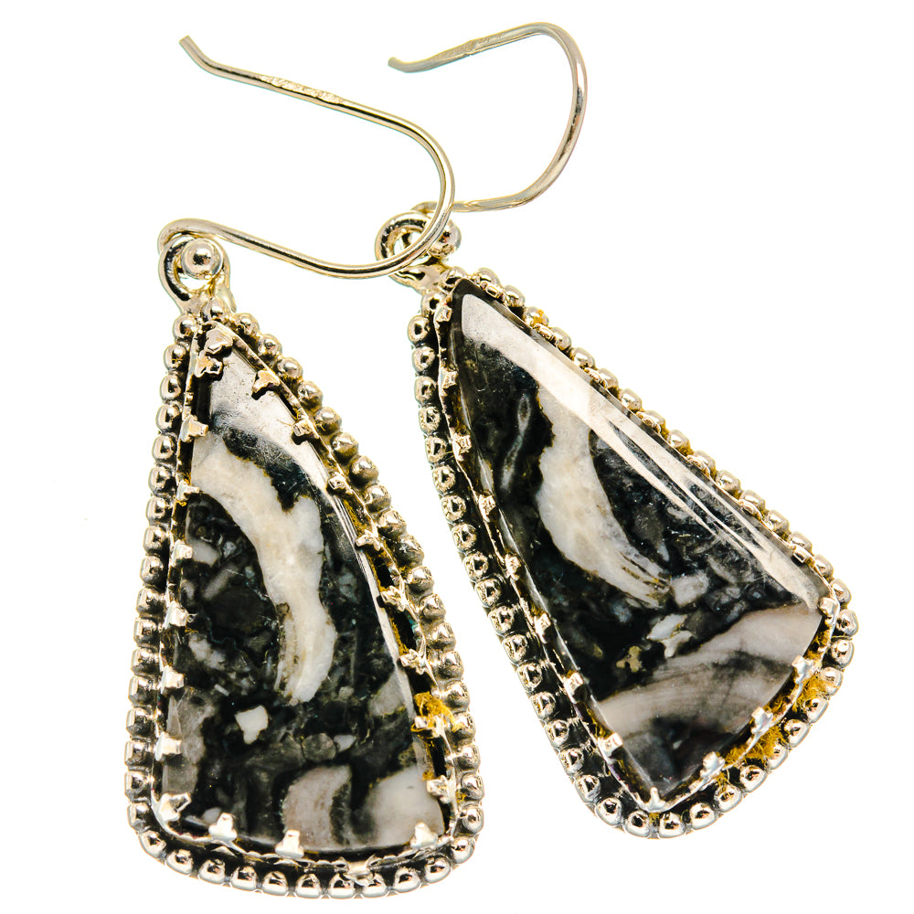 Jasper teardrop drop earrings, sterling silver hooks, black-and-white marbled stones