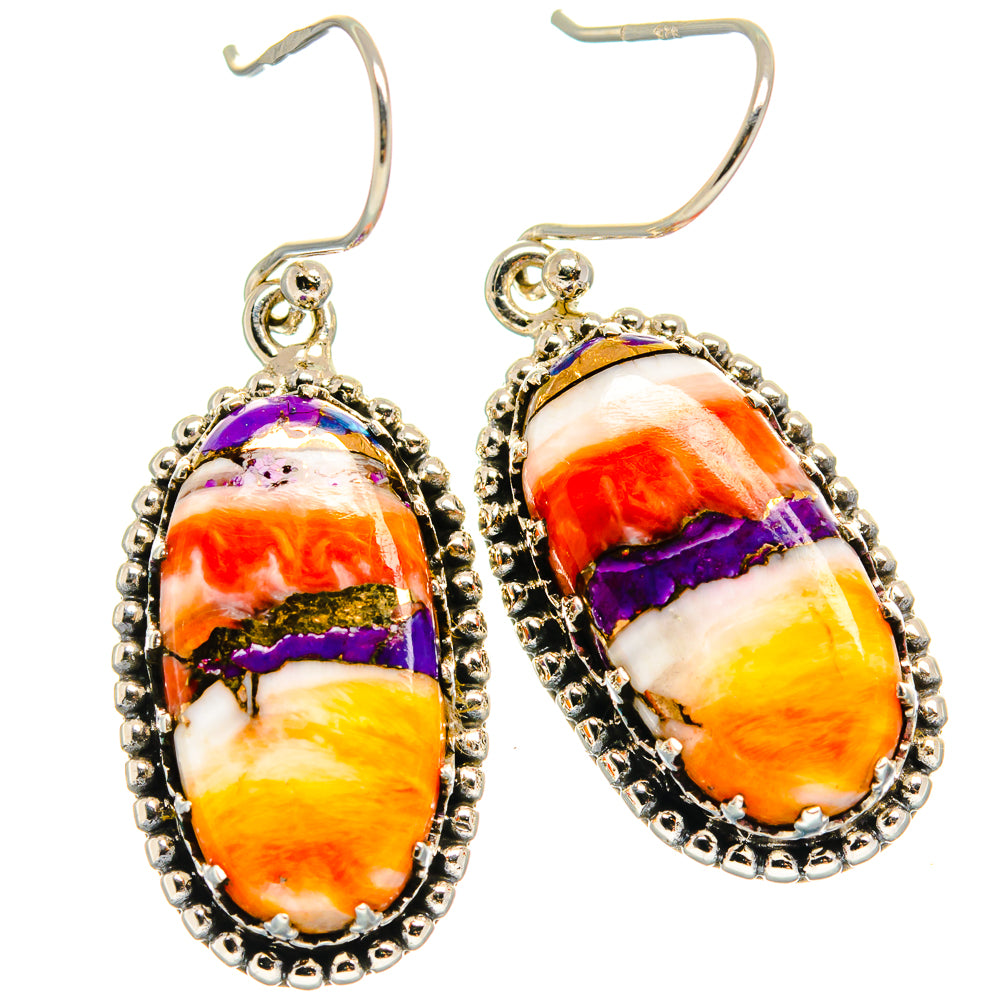 Oval multicolor jasper drop earrings in 925 sterling silver with beaded bezel.
