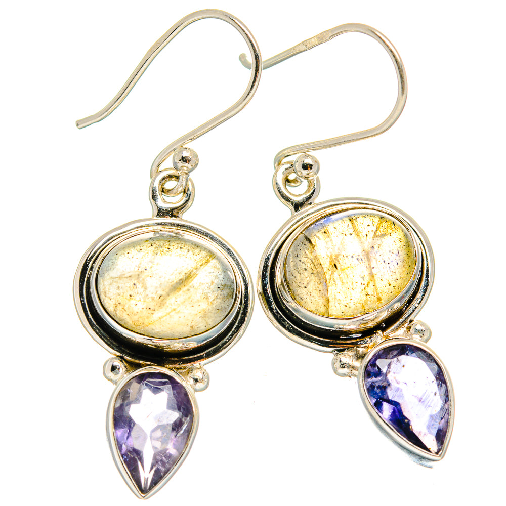 925 sterling silver earrings with round labradorite and teardrop tanzanite stones, drop style