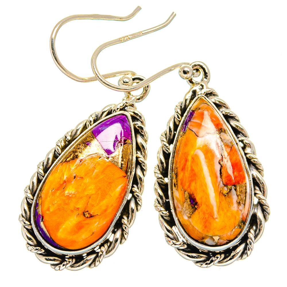 Teardrop cabochon earrings, orange stone with purple accents, ornate silver hooks