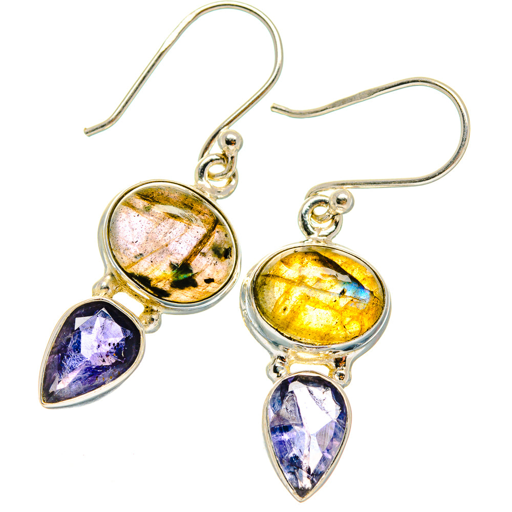 Sterling silver drop earrings with golden iridescent labradorite and purple teardrops