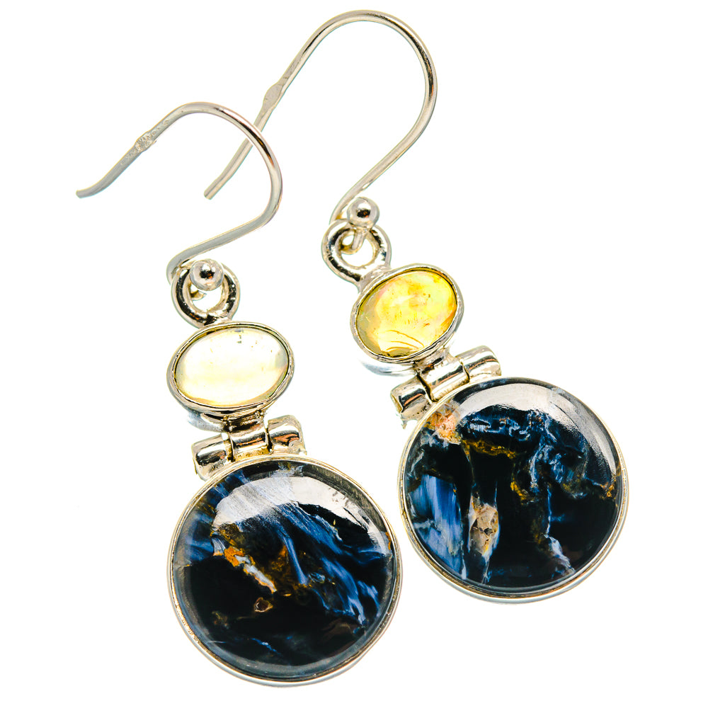 Sterling silver drop earrings with round yellow opal and dark blue pietersite discs