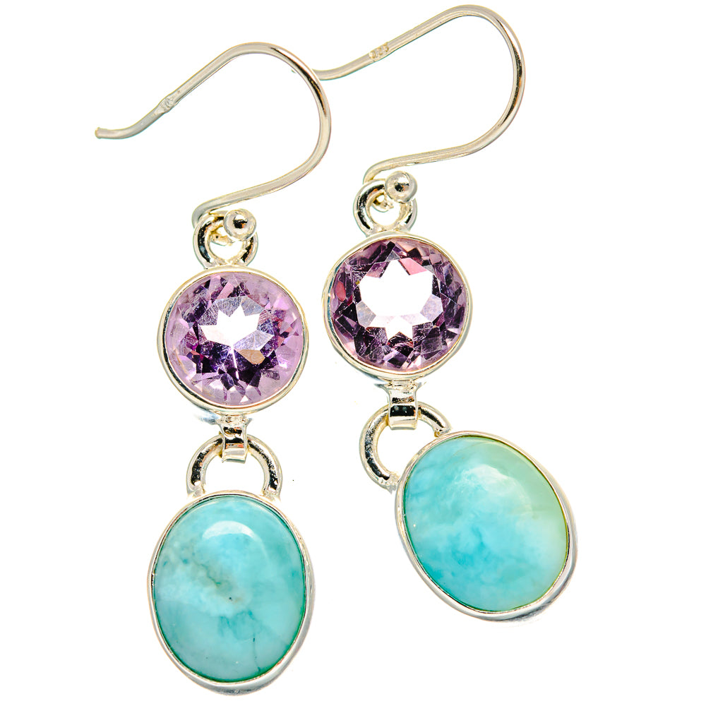 Sterling silver dangle earrings with purple amethyst and oval aqua larimar stones