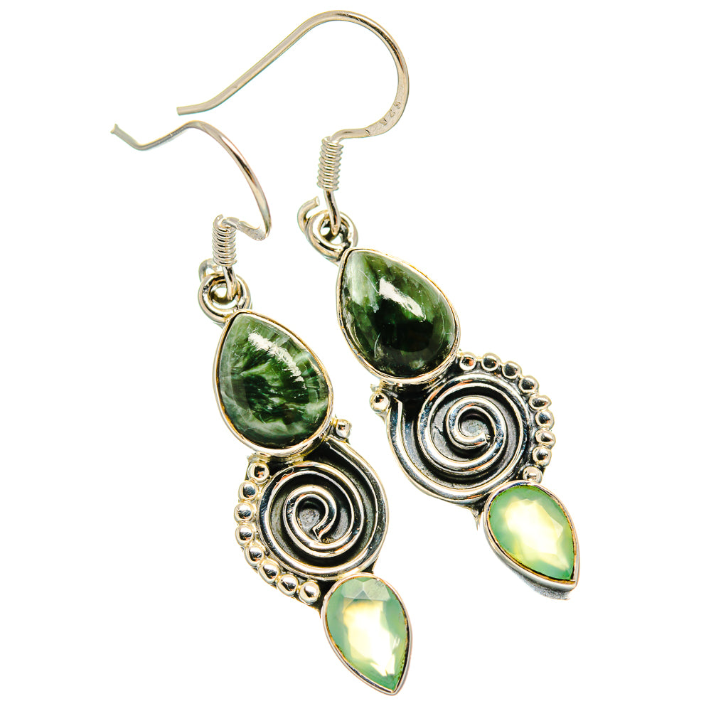 Green seraphinite and prehnite drop earrings, teardrop gems with swirl accents in silver