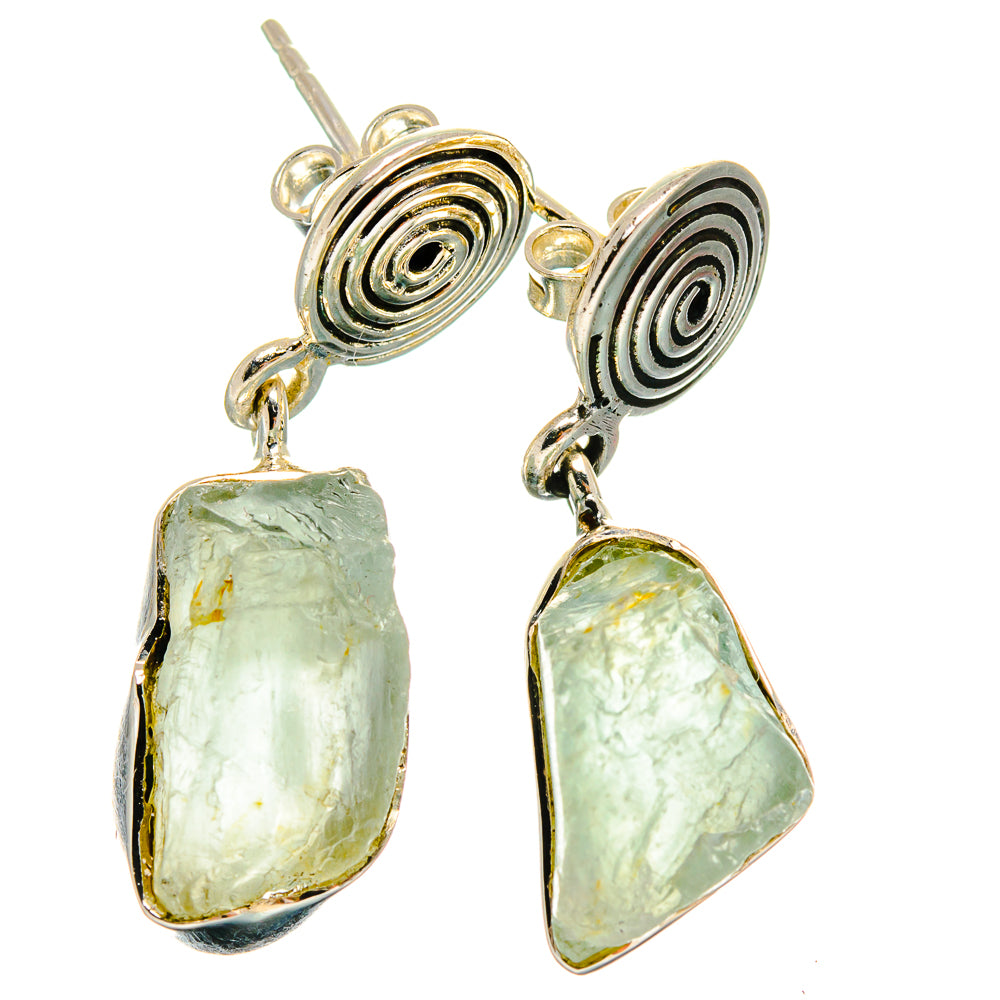 Rough prehnite earrings with spiral sterling silver studs and green rough stone dangles
