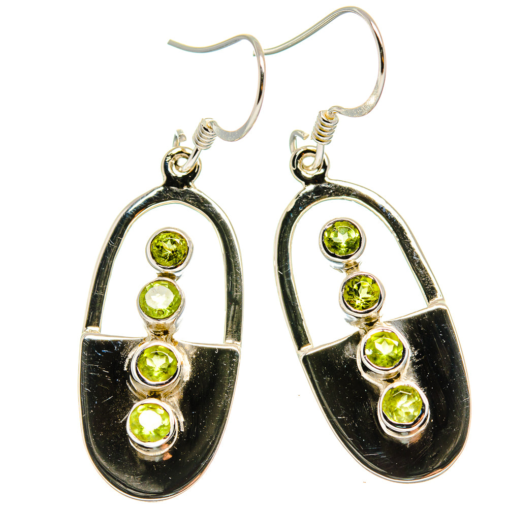 Peridot drop earrings in 925 silver, oval dangle with five round lime-green stones, hook backs
