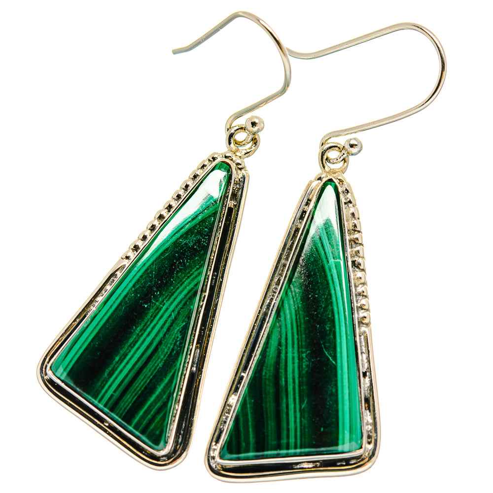 Triangular malachite drop earrings with green striped stone, dangling silver-tone hooks