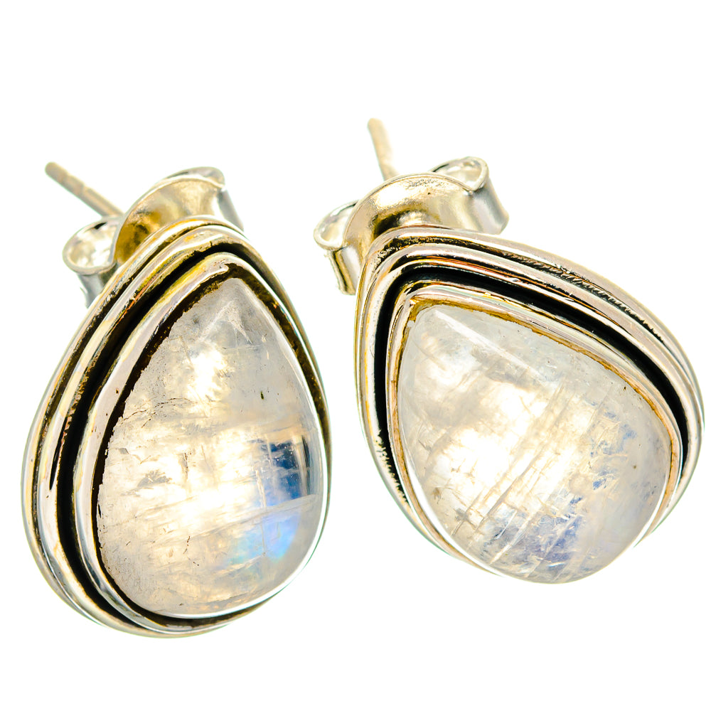 Teardrop moonstone stud earrings, 925 sterling silver settings with iridescent opal-like shine